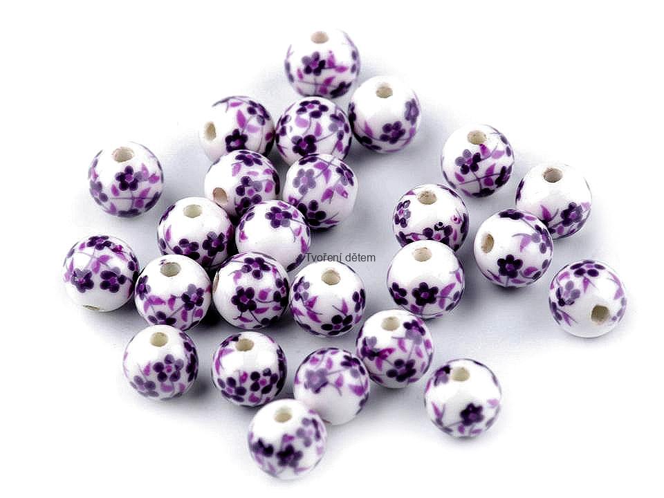 Porcelánové korálky s květy Ø8 mm Fialová tmavá